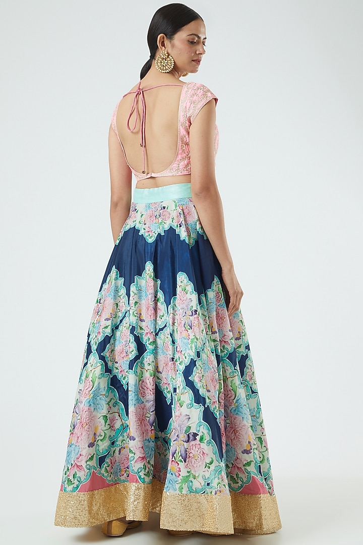 Blue & Pink Silk Blend Floral Printed Wedding Lehenga Set by Aharin India at Pernia's Pop Up Shop