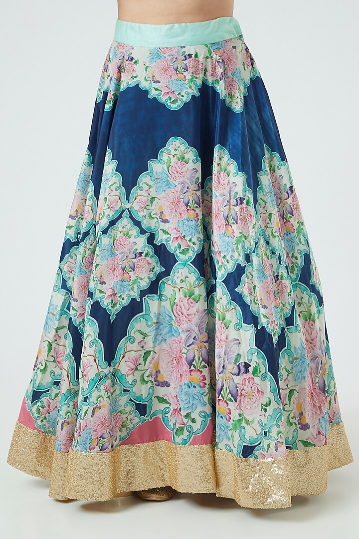 Blue & Pink Silk Blend Floral Printed Wedding Lehenga Set by Aharin India at Pernia's Pop Up Shop
