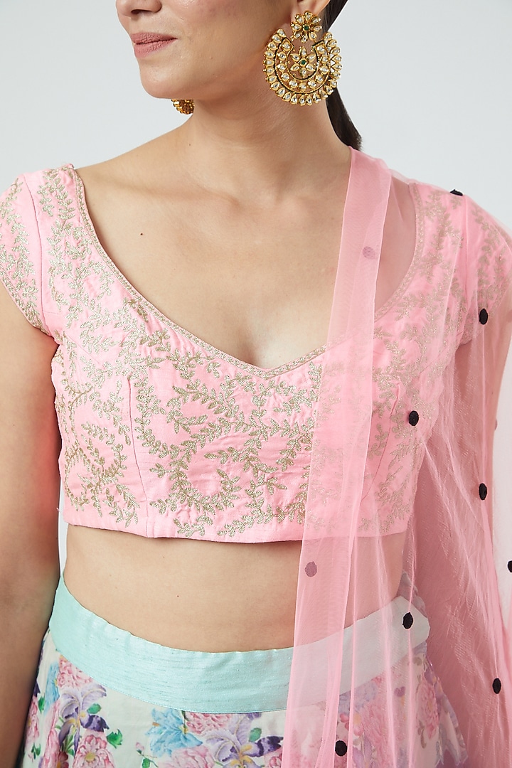 Blue & Pink Silk Blend Floral Printed Wedding Lehenga Set by Aharin India at Pernia's Pop Up Shop