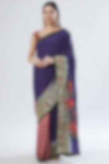 Pink & Purple Embroidered Saree Set by Aharin India