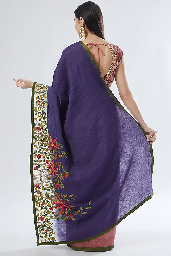 Pink & Purple Embroidered Wedding Saree Set by Aharin India at Pernia's Pop Up Shop
