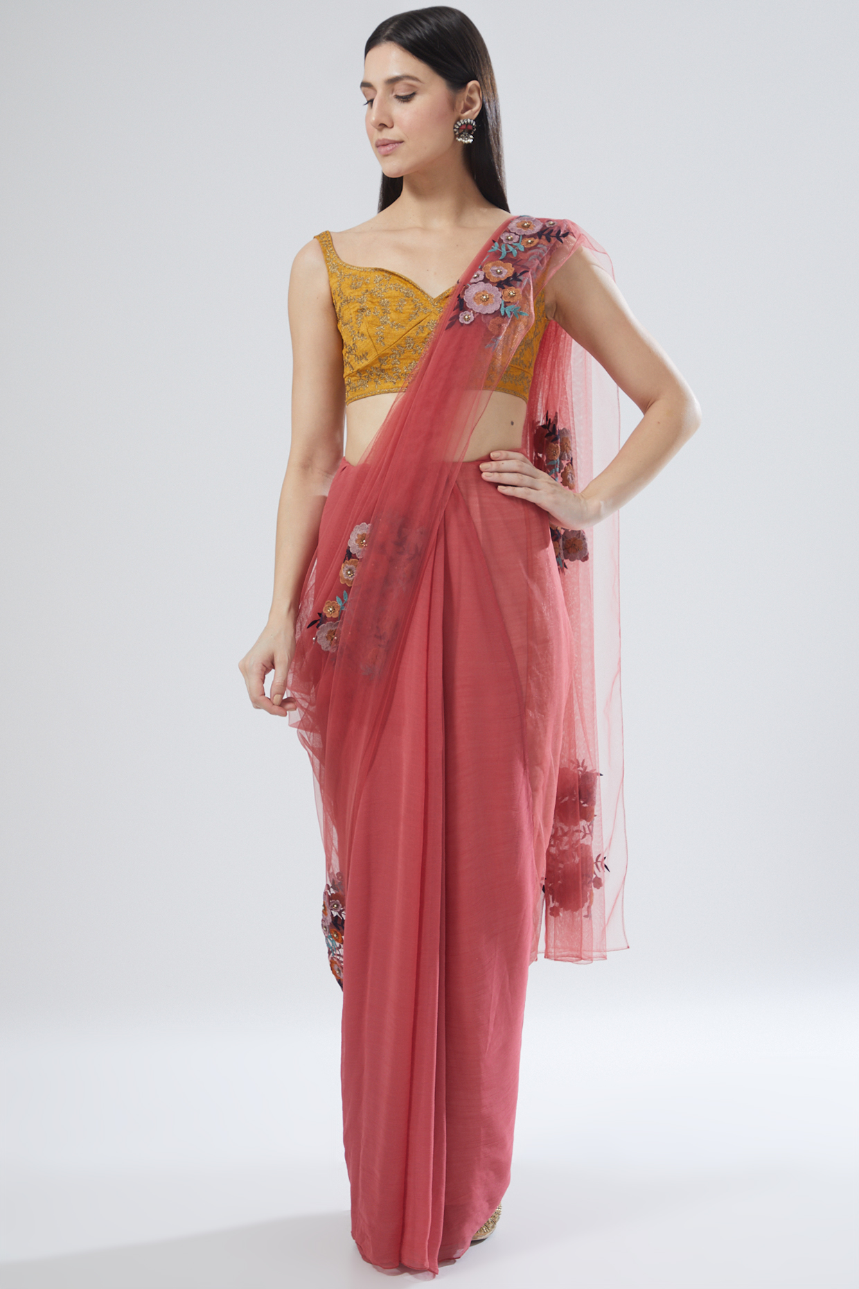 Dark Coral Net & Georgette Floral Aari Embroidered Party Wear Saree Set by Aharin India at Pernia's Pop Up Shop