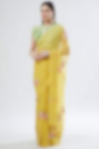 Yellow Embroidered Saree Set by Aharin India