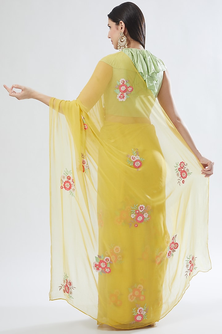 Yellow Embroidered Party Wear Saree Set by Aharin India at Pernia's Pop Up Shop