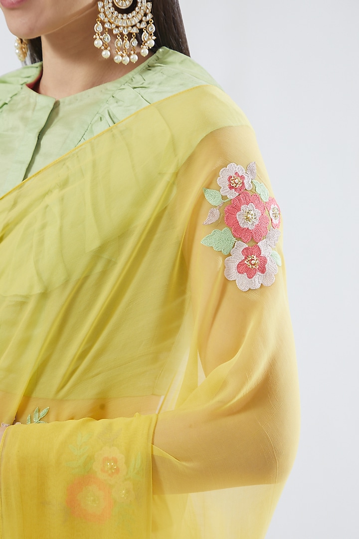 Yellow Embroidered Party Wear Saree Set by Aharin India at Pernia's Pop Up Shop