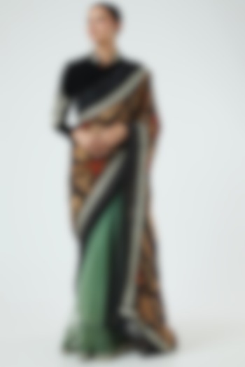 Black & Green Printed & Embroidered Saree Set by Aharin India