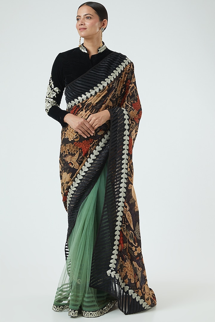Black & Green Printed & Embroidered Saree Set by Aharin India