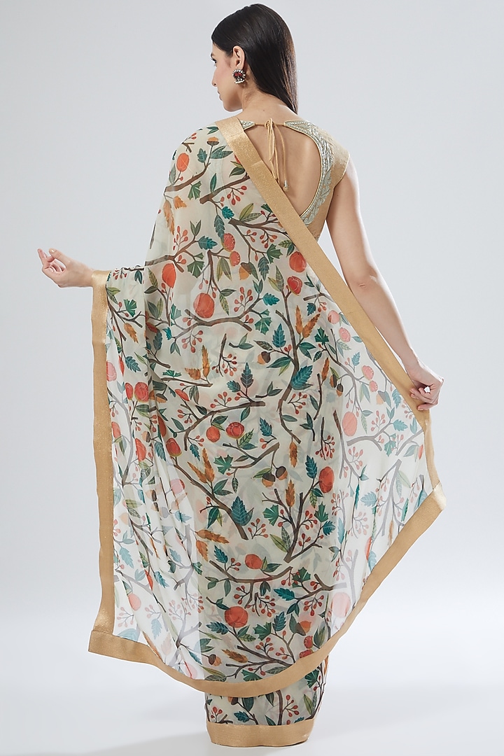 Multi-Colored Georgette Floral Printed Wedding Saree Set by Aharin India at Pernia's Pop Up Shop