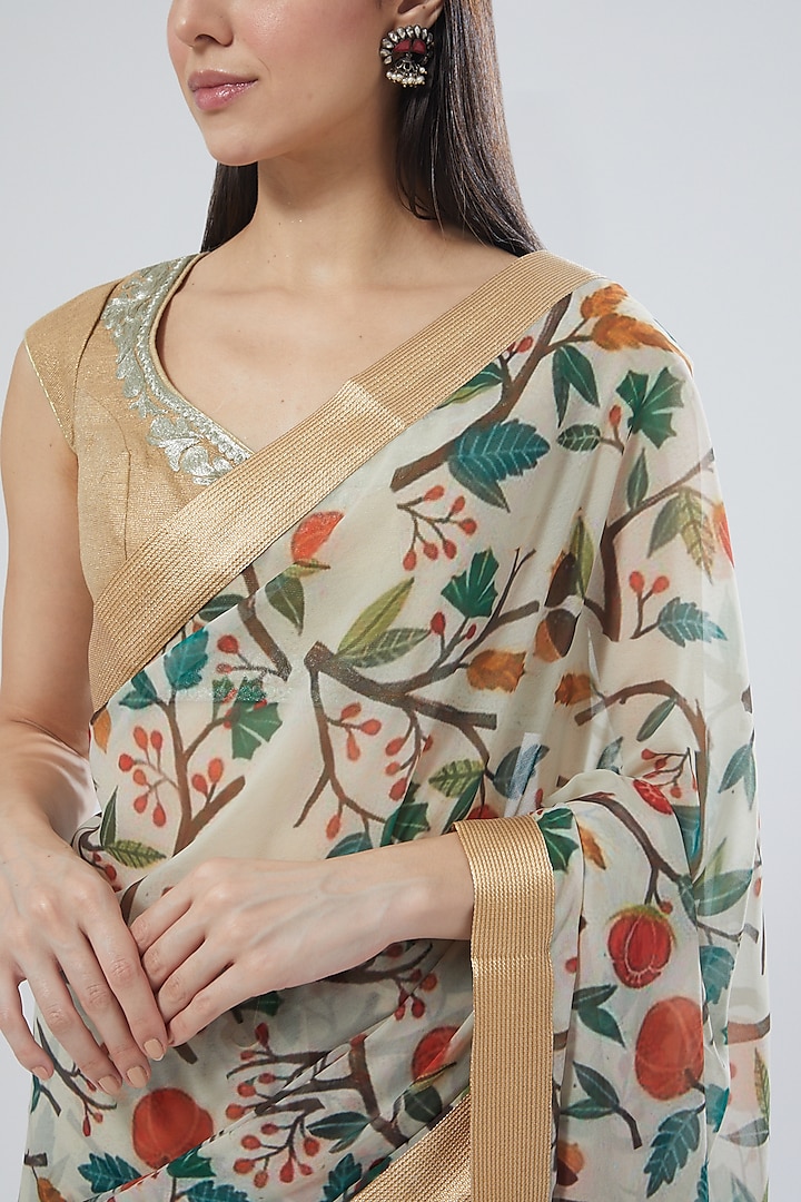Multi-Colored Georgette Floral Printed Wedding Saree Set by Aharin India at Pernia's Pop Up Shop