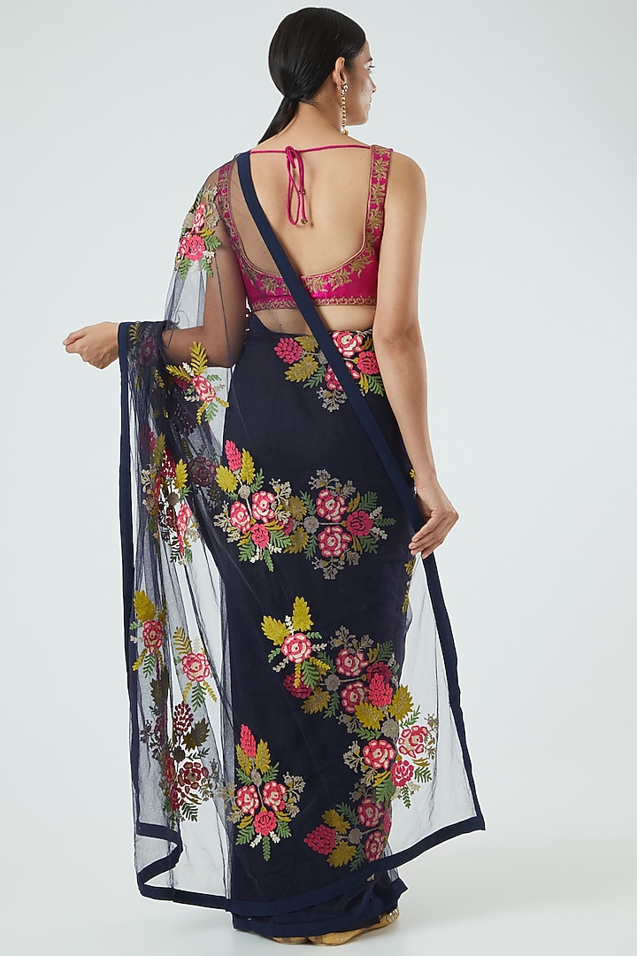 Navy Blue Net & Georgette Floral Embroidered Wedding Saree Set by Aharin India at Pernia's Pop Up Shop