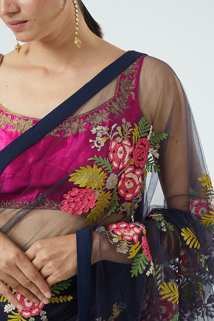 Navy Blue Net & Georgette Floral Embroidered Wedding Saree Set by Aharin India at Pernia's Pop Up Shop