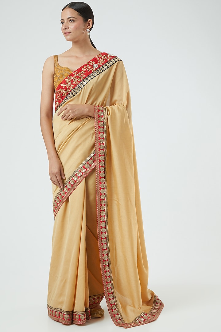 Beige Floral Embroidered Saree Set by Aharin India