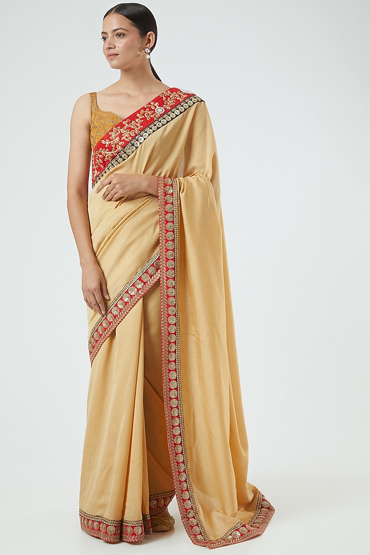 Beige Floral Embroidered Saree Set by Aharin India at Pernia's Pop Up Shop