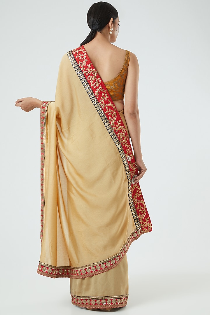 Beige Floral Embroidered Party Wear Saree Set by Aharin India at Pernia's Pop Up Shop