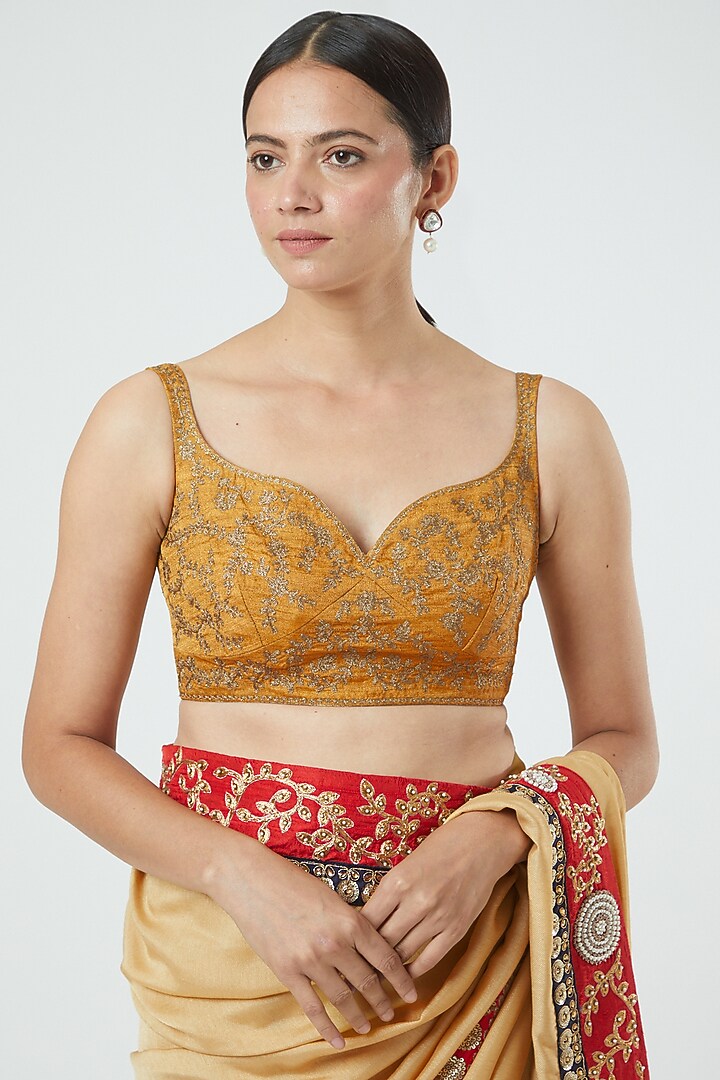 Beige Floral Embroidered Party Wear Saree Set by Aharin India at Pernia's Pop Up Shop