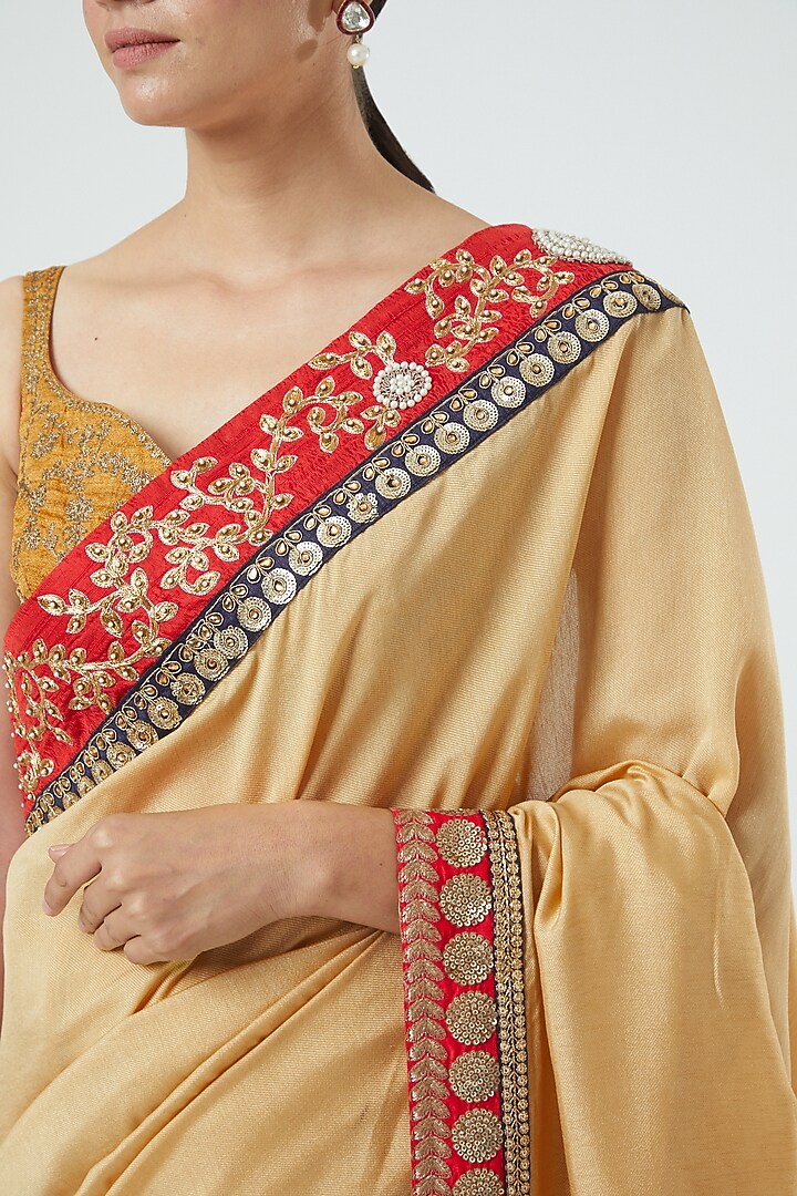 Beige Floral Embroidered Party Wear Saree Set by Aharin India at Pernia's Pop Up Shop