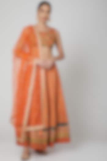Orange Zardosi Embroidered Lehanga Set by Aharin India