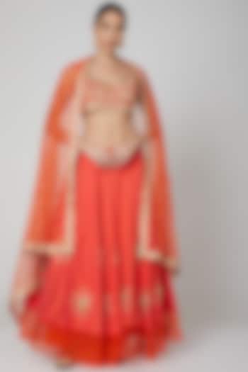Orange Embroidered Lehenga Set by Aharin India