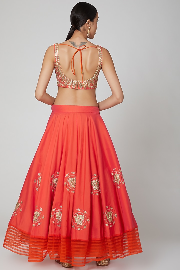 Orange Embroidered Wedding Lehenga Set by Aharin India at Pernia's Pop Up Shop