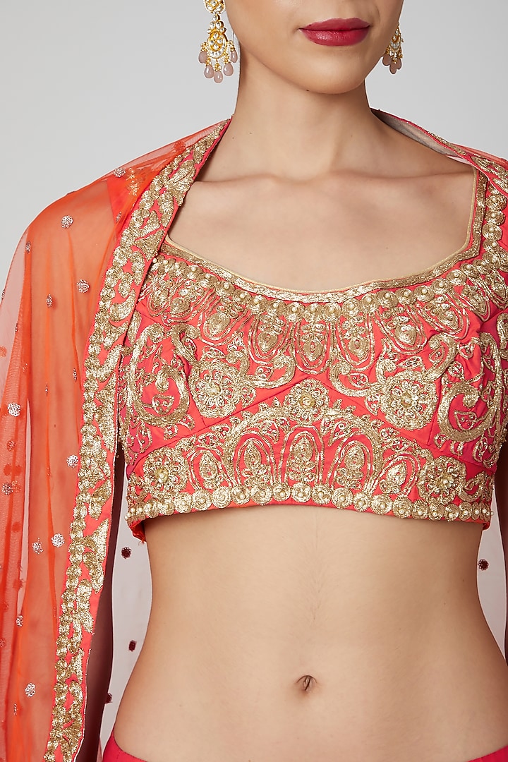 Orange Embroidered Wedding Lehenga Set by Aharin India at Pernia's Pop Up Shop