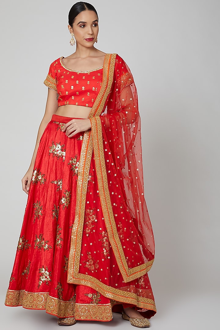Red Embroidered Lehenga Set by Aharin India
