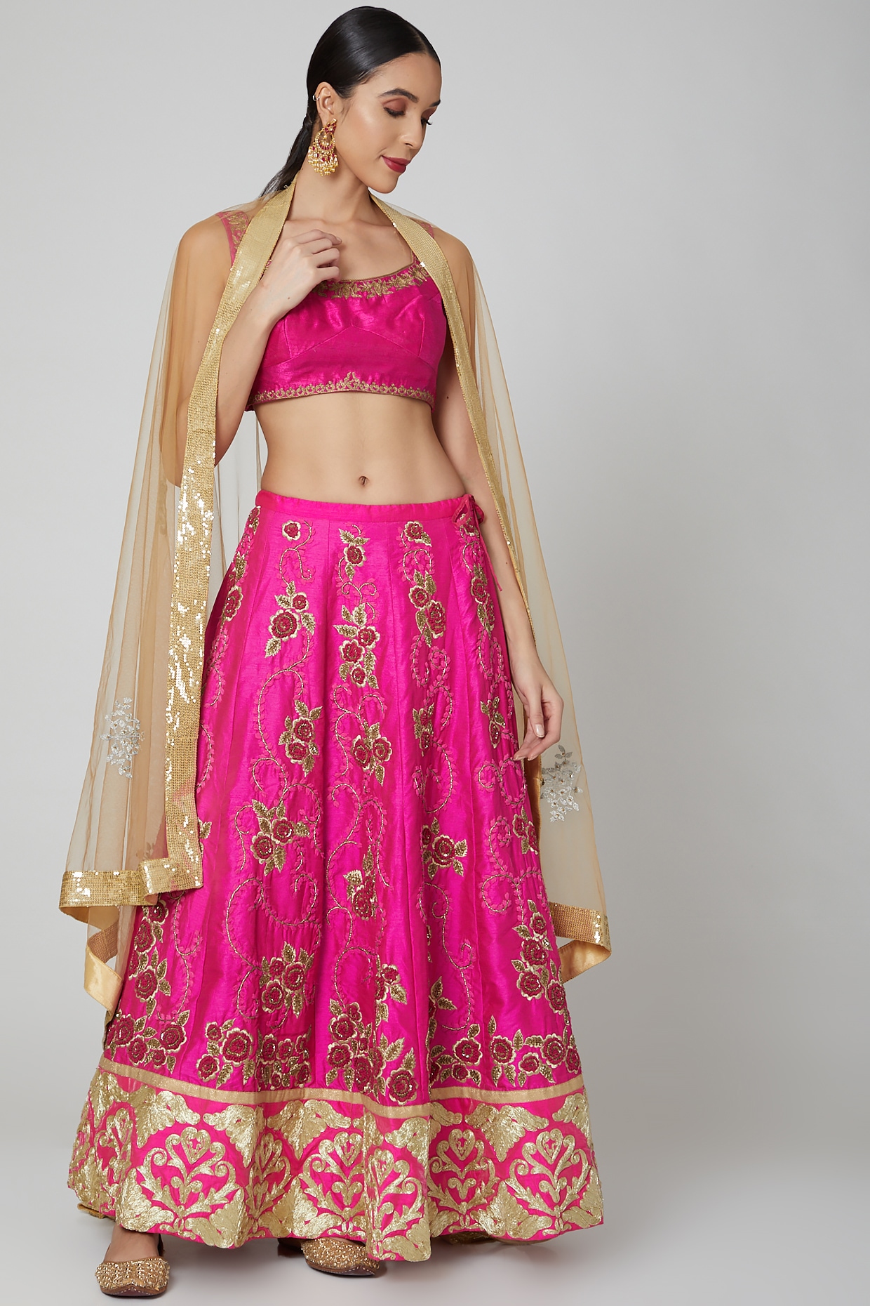 SHOPGARB Pink & Gold-Toned Embellished Sequinned Semi-Stitched Lehenga &  Unstitched Blouse With Dupatta - Absolutely Desi