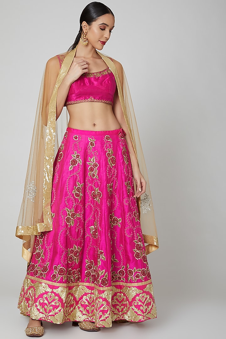 Pink & Gold Embroidered Lehenga Set by Aharin India