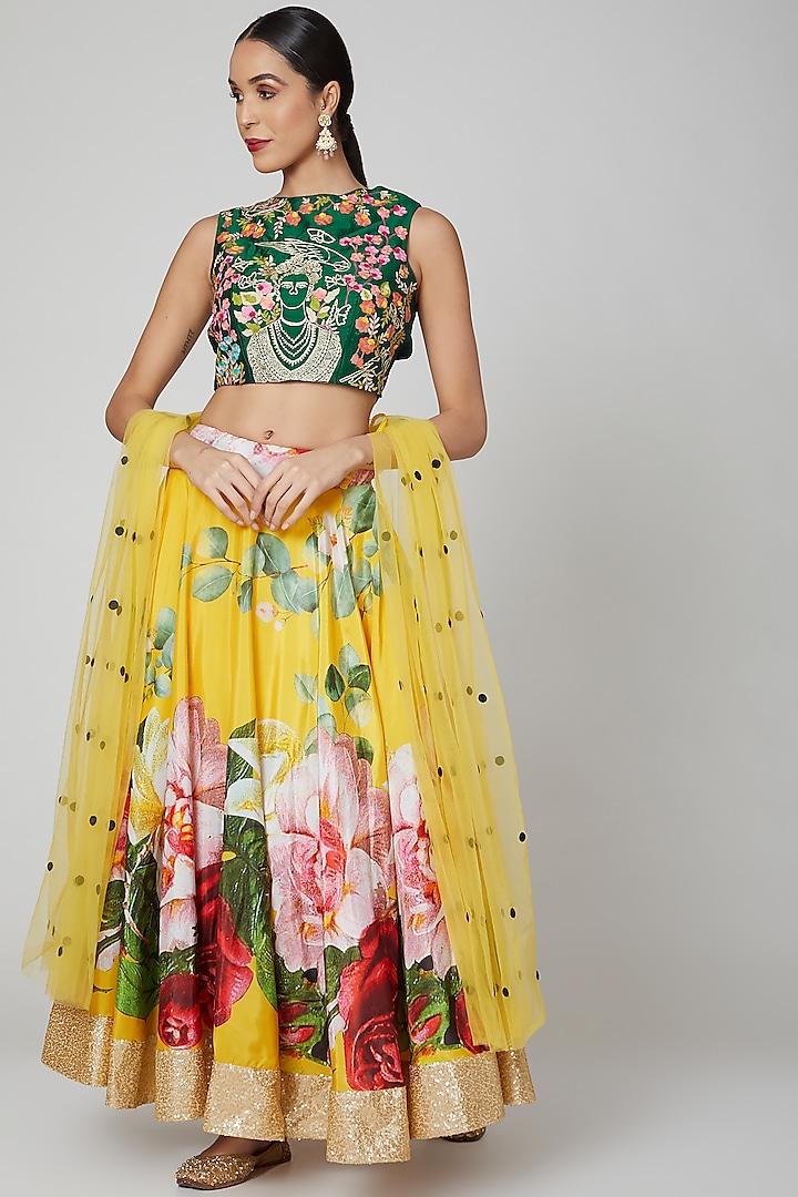 Yellow Embroidered Lehenga Set by Aharin India