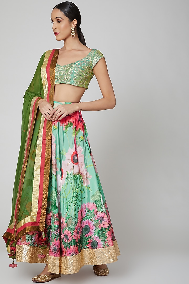 Pista Green Floral Wedding Lehenga Set by Aharin India at Pernia's Pop Up Shop