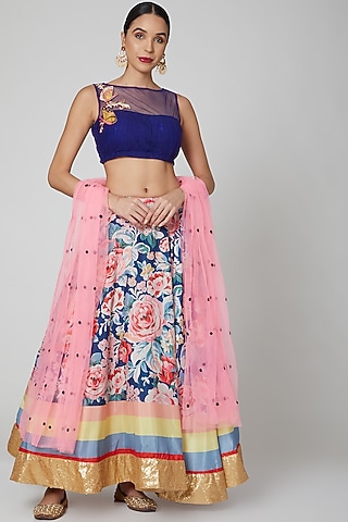 Royal Blue Floral Lehenga Set by Aharin India