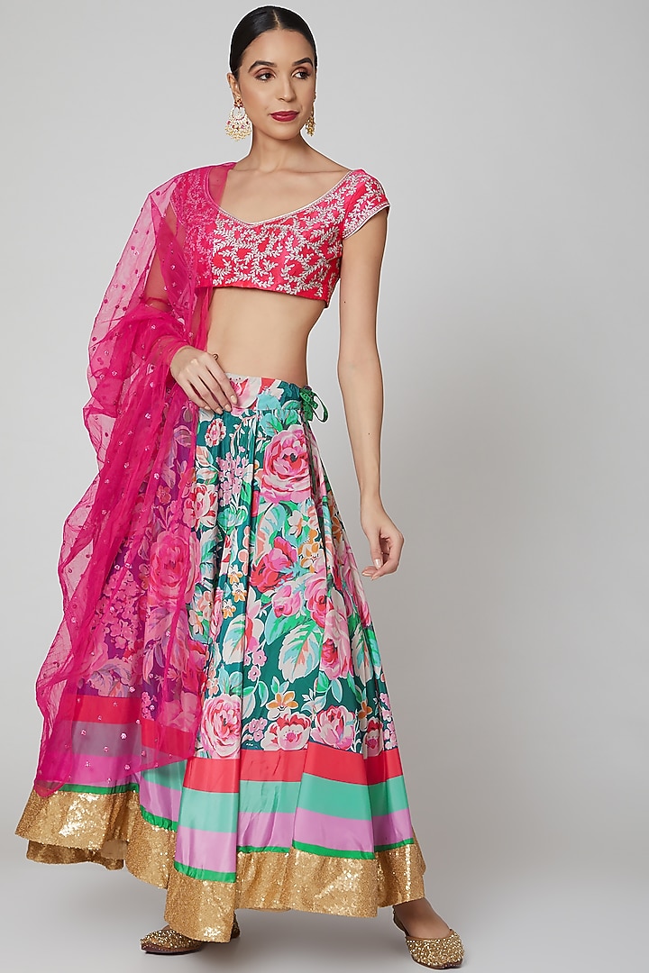 Teal & Pink Embroidered Wedding Lehenga Set by Aharin India at Pernia's Pop Up Shop