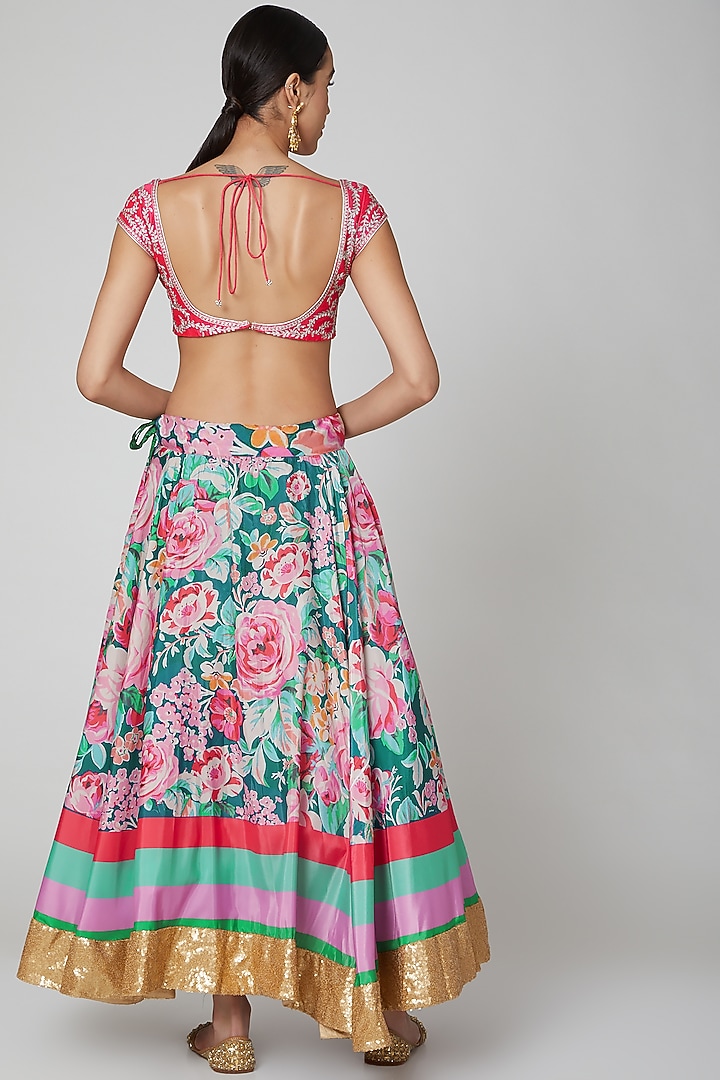 Teal & Pink Embroidered Wedding Lehenga Set by Aharin India at Pernia's Pop Up Shop