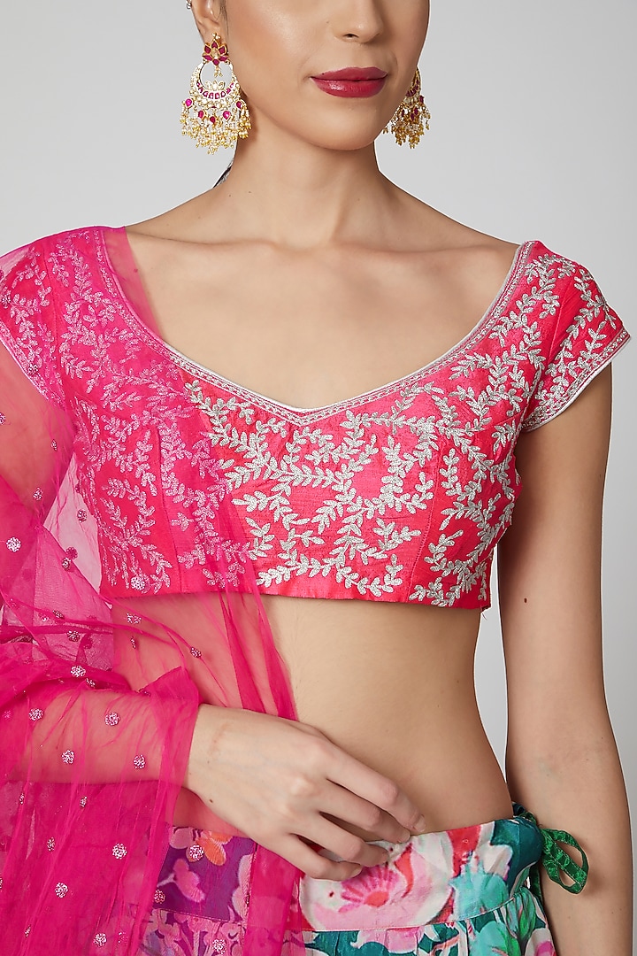 Teal & Pink Embroidered Wedding Lehenga Set by Aharin India at Pernia's Pop Up Shop