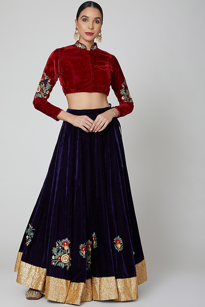 Navy Blue & Maroon Embroidered Lehenga With Blouse by Aharin India