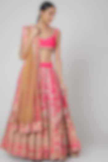 Pink & Gold Embroidered Lehenga Set by Aharin India