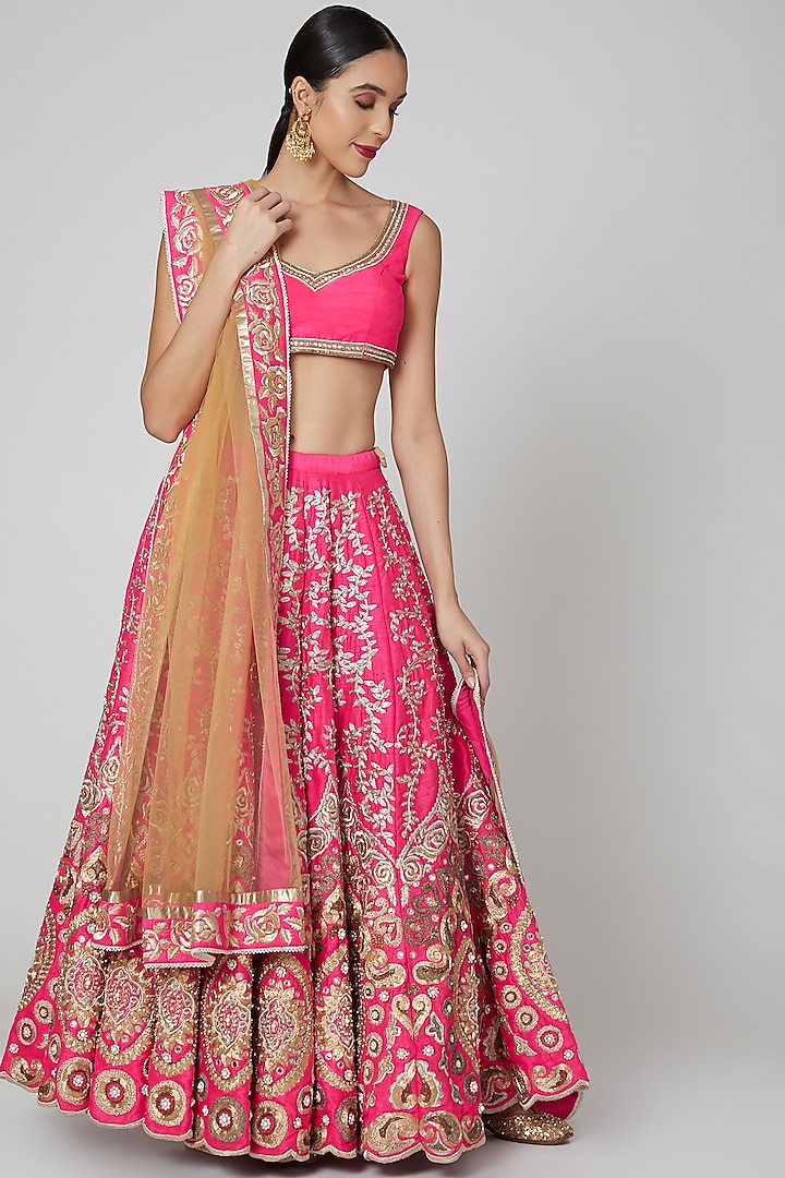 Pink & Gold Embroidered Lehenga Set by Aharin India