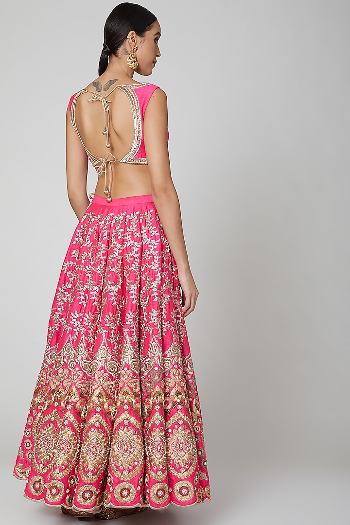 Pink & Gold Embroidered Bridal Lehenga Set by Aharin India at Pernia's Pop Up Shop
