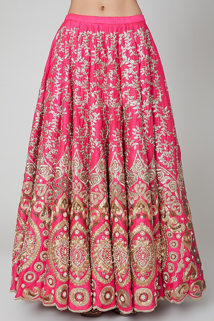 Pink & Gold Embroidered Bridal Lehenga Set by Aharin India at Pernia's Pop Up Shop