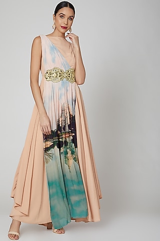 Peach Victoria Printed Gown by Aharin India