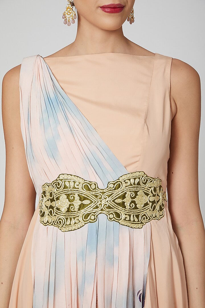 Peach Victoria Printed Party Wear Gown by Aharin India at Pernia's Pop Up Shop