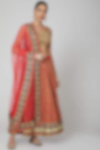 Red Embroidered lehenga Set by Aharin India