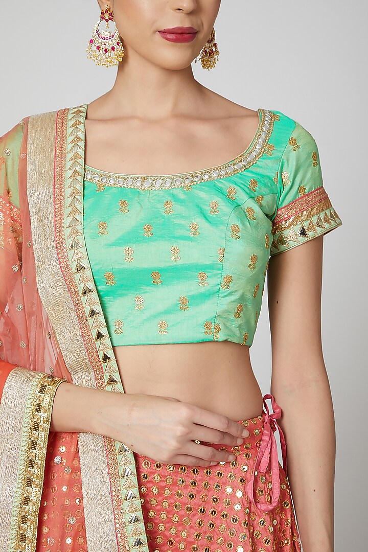 Peach & Pista Embroidered Wedding Lehenga Set by Aharin India at Pernia's Pop Up Shop