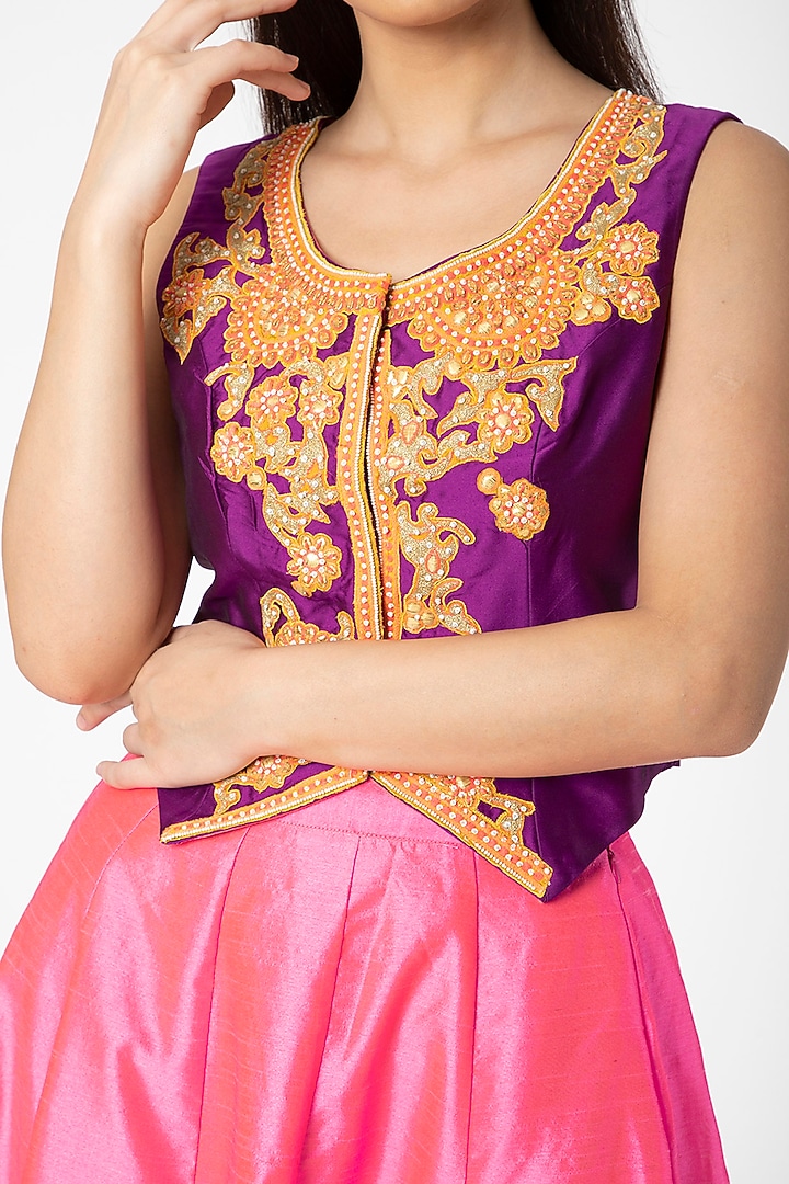 Purple Embroidered Jacket With Fuchsia Lehenga by Aharin India at Pernia's Pop Up Shop