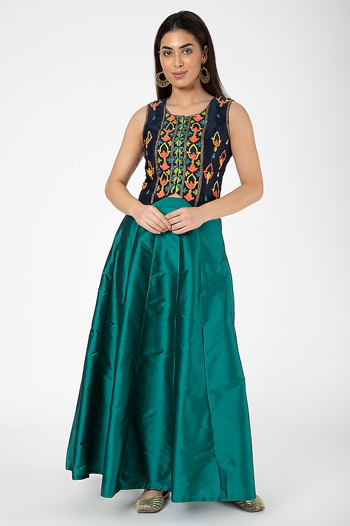 Navy Blue Embroidered Jacket With Teal Lehenga by Aharin India