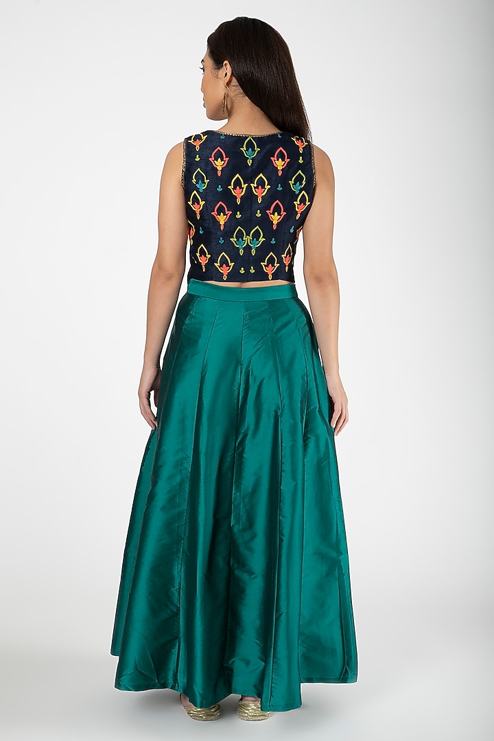 Navy Blue Embroidered Jacket With Teal Lehenga by Aharin India at Pernia's Pop Up Shop