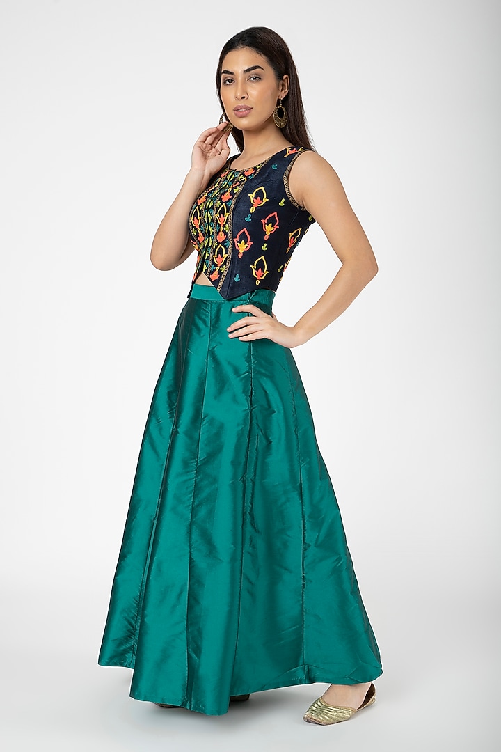Navy Blue Embroidered Jacket With Teal Lehenga by Aharin India at Pernia's Pop Up Shop