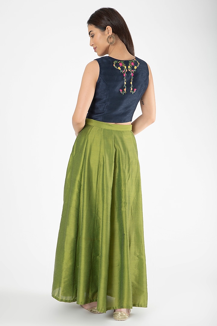 Navy Blue Embroidered Jacket With Mehendi Green Lehenga by Aharin India at Pernia's Pop Up Shop