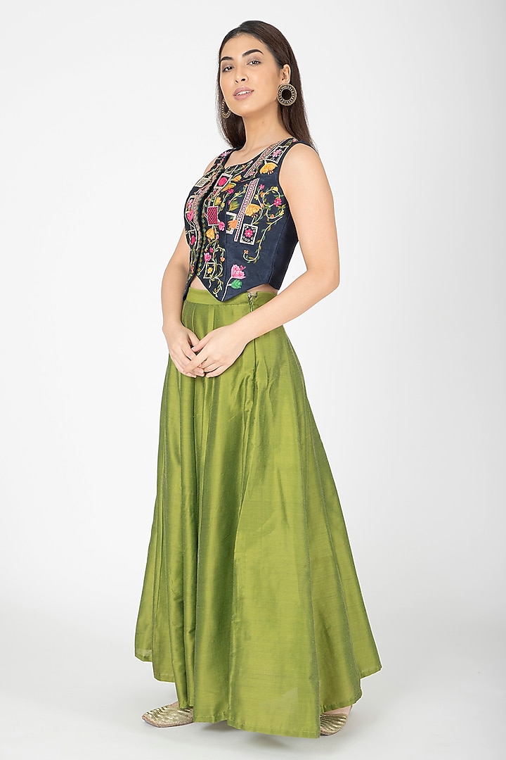Navy Blue Embroidered Jacket With Mehendi Green Lehenga by Aharin India at Pernia's Pop Up Shop