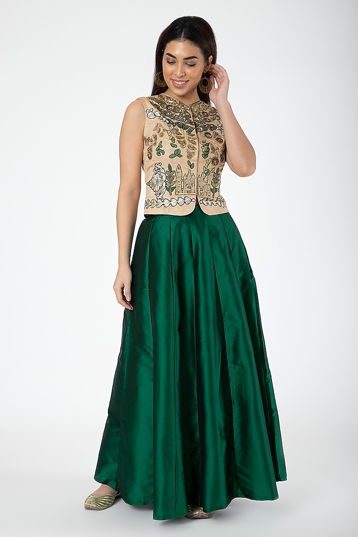Gold Embroidered Jacket With Bottle Green Lehenga by Aharin India