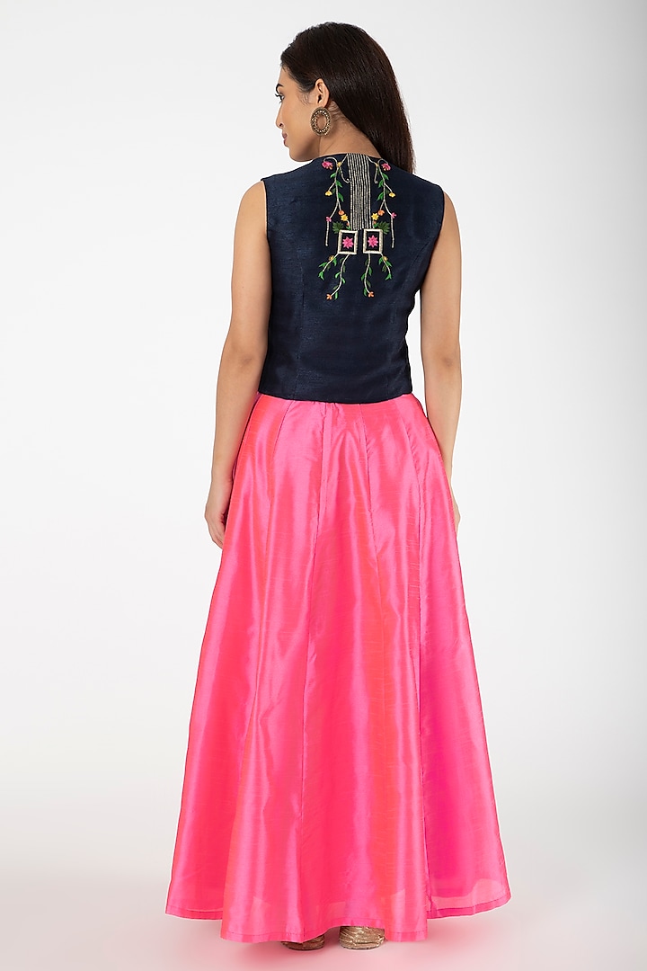 Navy Blue Embroidered Jacket With Fuchsia Lehenga by Aharin India at Pernia's Pop Up Shop